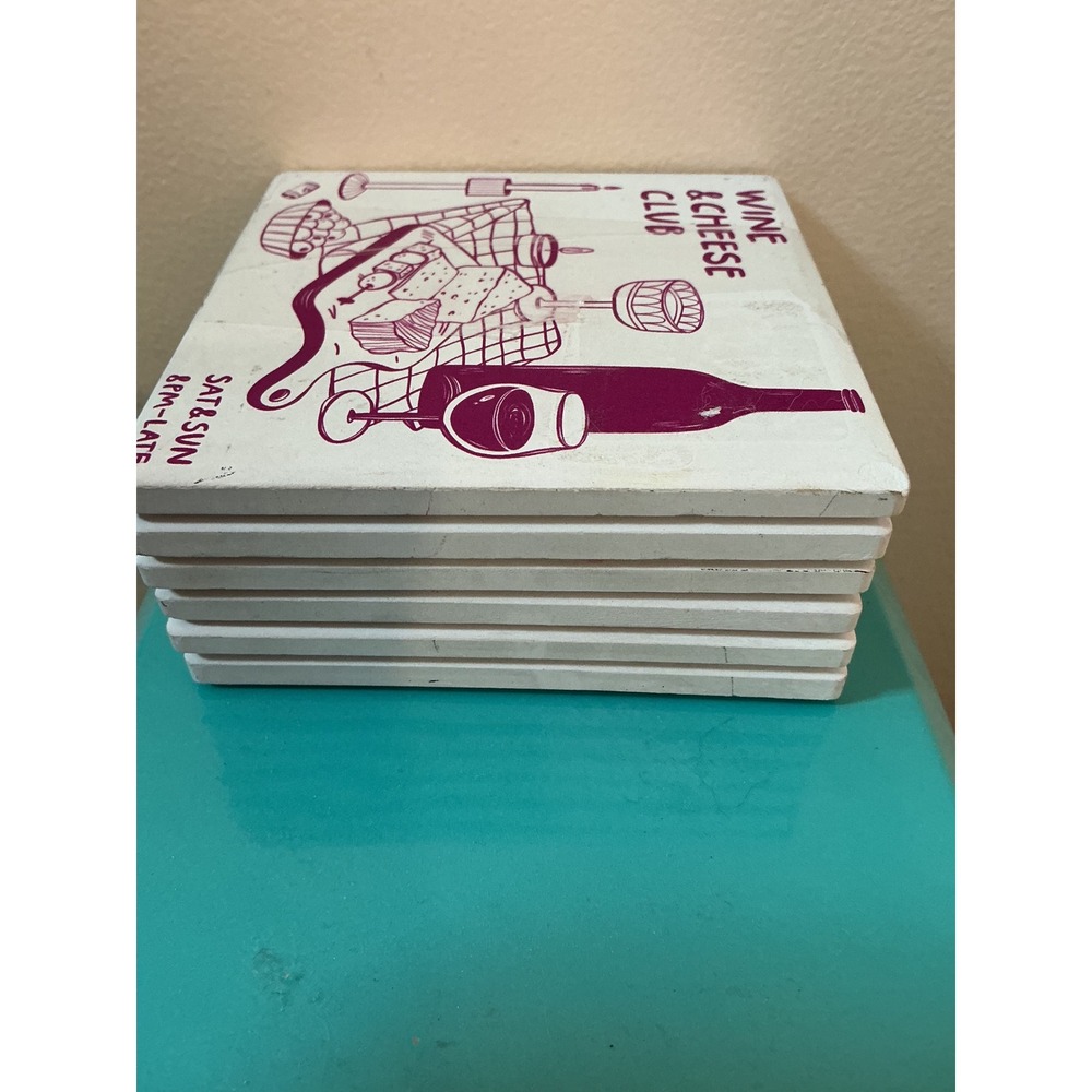 Joie Wine and Cheese Club Ceramic Coasters Set of 6 Cork Backed White Burgundy - Picture 2 of 4
